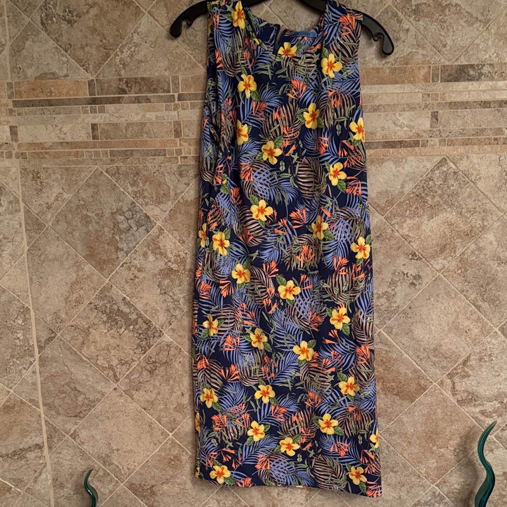 J. McLaughlin tropical Sleeveless Dress midi zip woman’s size large Blue/Yellow